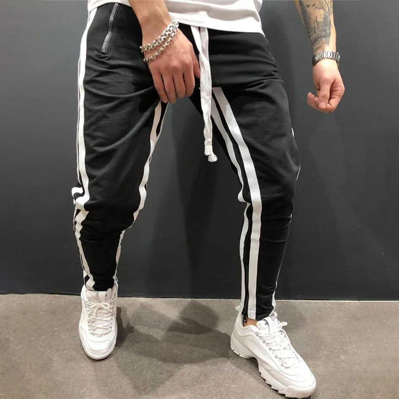 black-white Хлопок, мужская спортивная одежда, повседневные Стрейчевые Мужские штаны для фитнеса, облегающие спортивные брюки, брюки для бега - Цвет: black-white