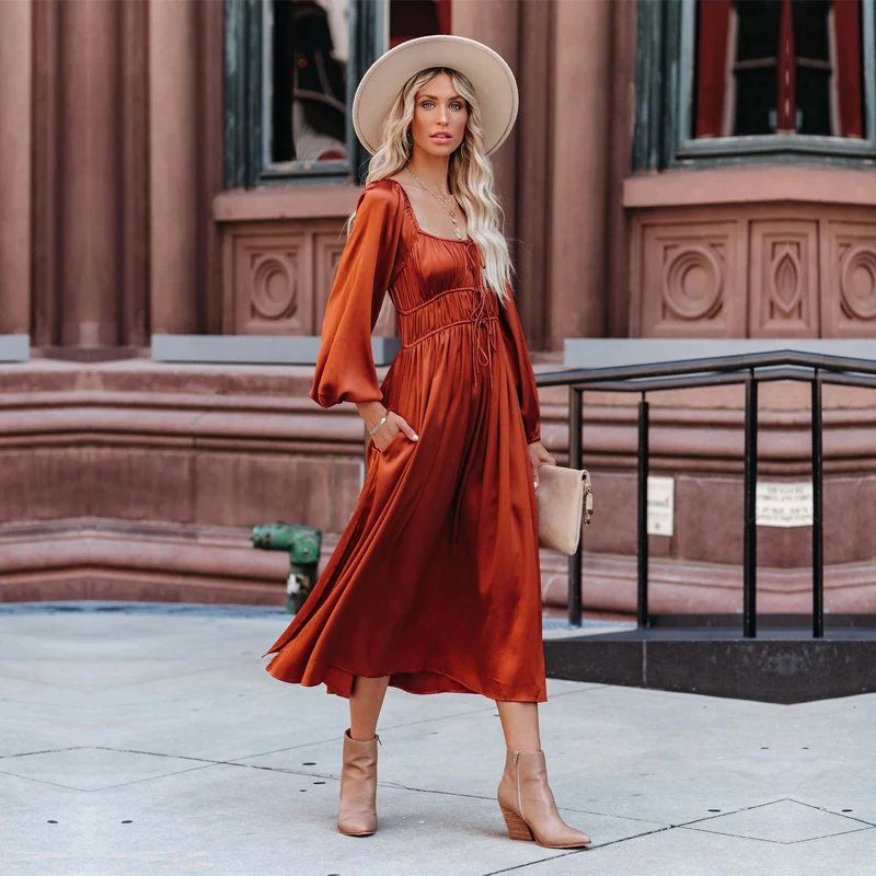 

Spring Autumn Women Long Dresses Square Neck Lantern Sleeve Retro Casual Party Dress Robe Luxury Fall Madi Clothing Vestidos