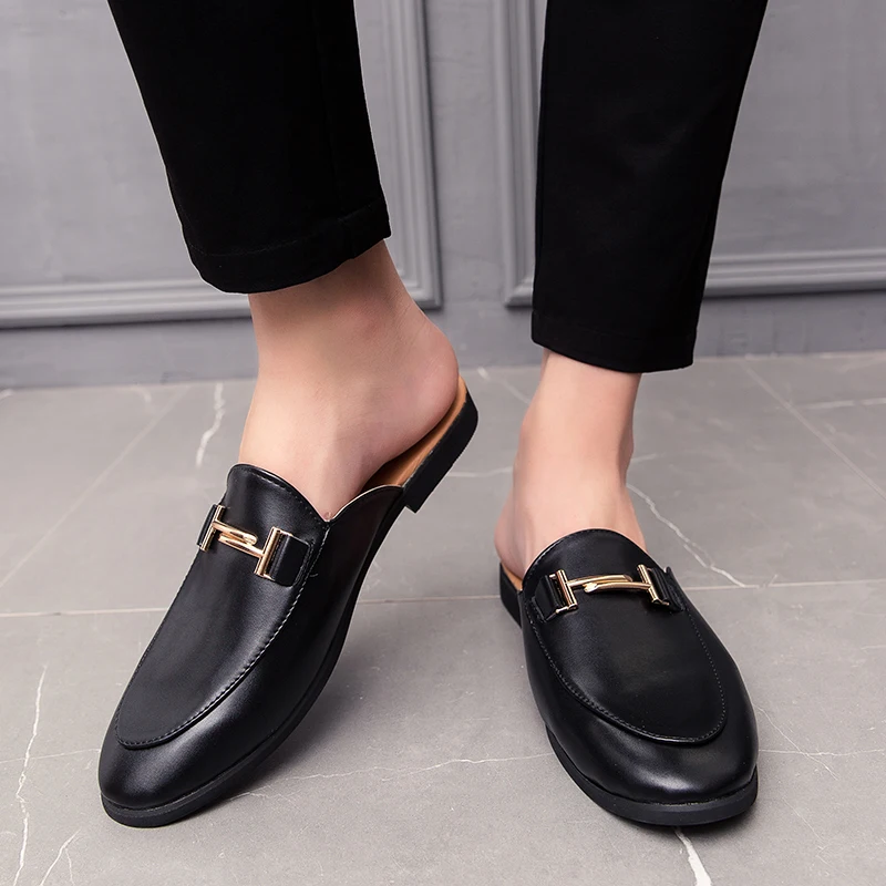 

Black Half Shoes Men Leather Shoes Men Mules Casual Shoes Fashion Half Drag Leather Men Shoes Mocassin Homme Chaussure 2020