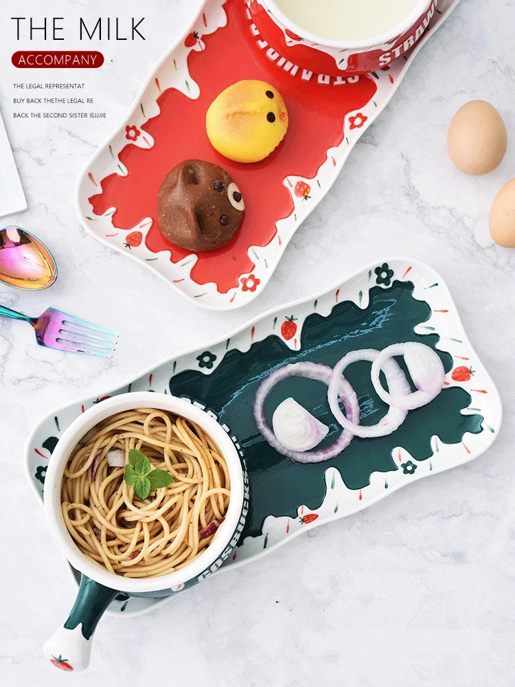 Cute Strawberry Mix Bowl with Handle and Platter Tray Set Ceramic Oatmeal Soup Fruit Salad Container for Breakfast 700ml | Дом и сад