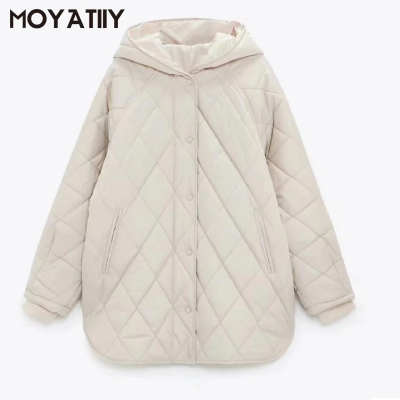 

MOYATIIY 2021 Fashion Oversize Hood Parkas Elegant Solid Winter Thick Warm Coats Suction Button Female Overcoats Tops