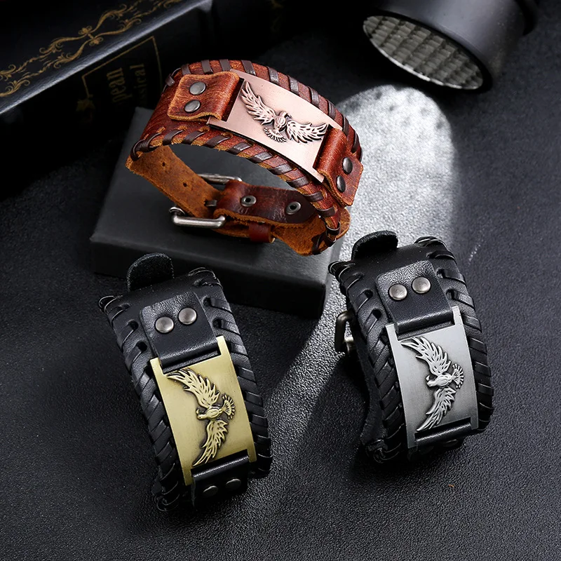 Мужской кожаный браслет в стиле панк с подвеской | Украшения и аксессуары