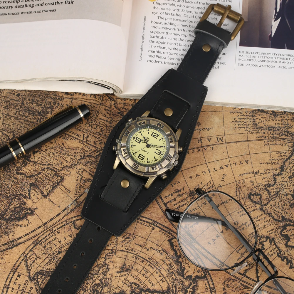 

Retro Punk Style Men's Quartz Watch Premium Cowhide Band Male Watches Mini Arabic Number Dial Man Wristwatches Relogio Masculino