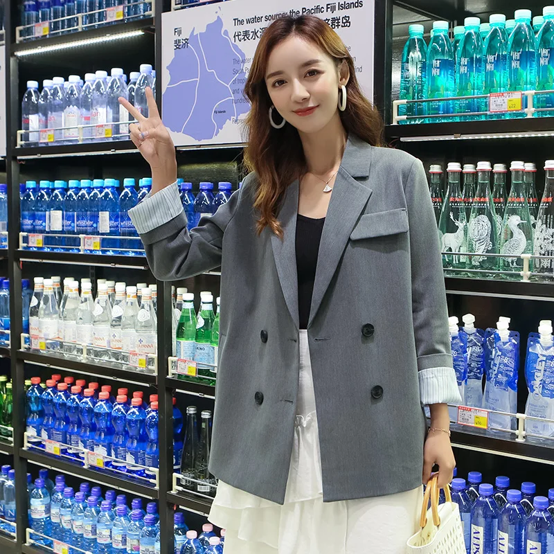 

Винтажный свободный Женский блейзер, повседневный простой однотонный серый костюм, куртка с длинным рукавом, Блейзер, Корейская Весенняя ж...