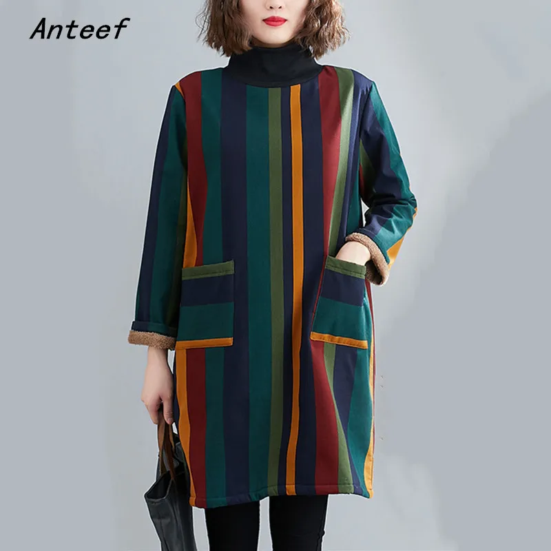 

Женское винтажное платье в полоску с длинным рукавом, повседневное свободное платье средней длины большого размера на осень и зиму, элегант...