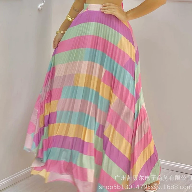 

Mandylandy Summer V-neck Short Sleeve Short T-shirt + High Waist Striped Skirt Suit Women's Casual Color Loose Suit