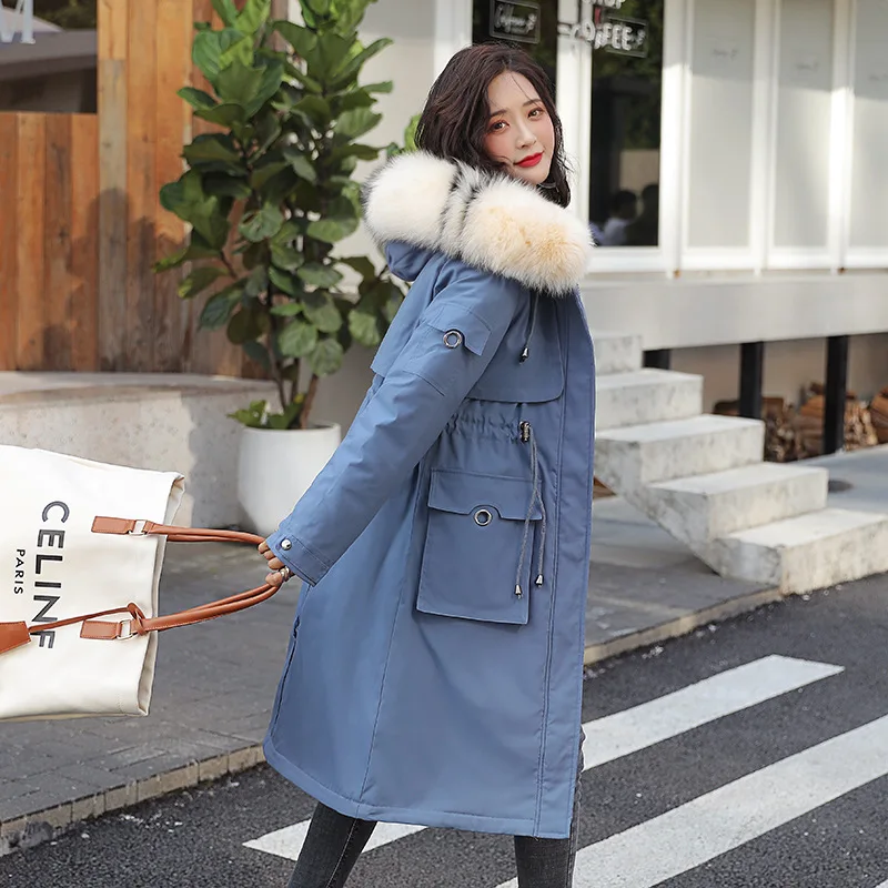 

Fashion Winter Jacket Women Cotton Liner Parker Parkas Casual Solid Long Hooded Parka Coat With Fur Collar M353