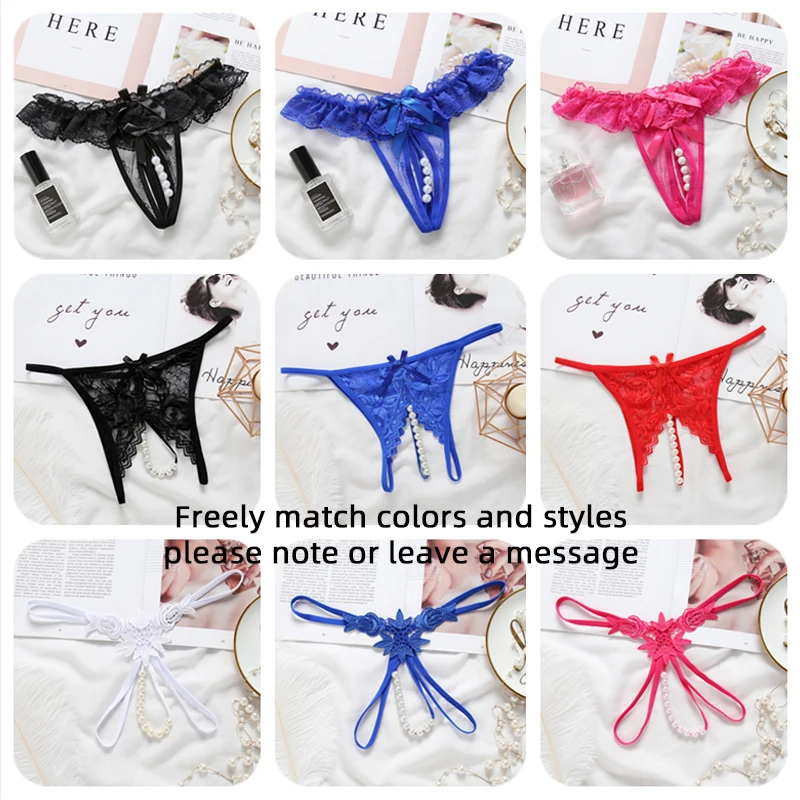 

3 Pcs Women Sexy Lace Open Crotch G-String Pearl Massage G-Spot Stimulating Erotic Panties Female Transparent Briefs Plus Size