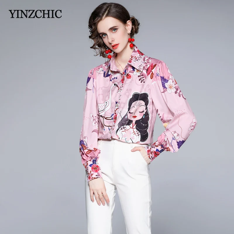 

Elegant Woman Print Blouse Full Lartern Sleeve Female Fashion Shirt Office Lady Pinky Casual Blouses Office Wear Top Woman