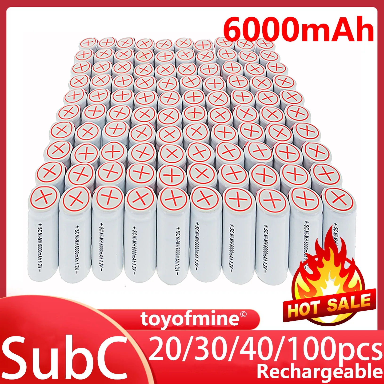 

20/30/40/100pcs Sub C SubC With Tab 6000mAh 1.2V Ni-MH Rechargeable Battery White High