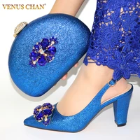 2022 new women sandals royal blue arrival ladies italian design shoe and bag set decorated with rhinestone for party