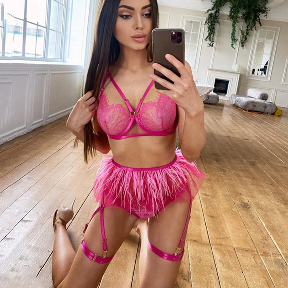 

Woman Sexy Lingerie Lace Mesh Eyelashes Exotic Costume Transparent Bra Panties Set Pink Feather Hot Underwear