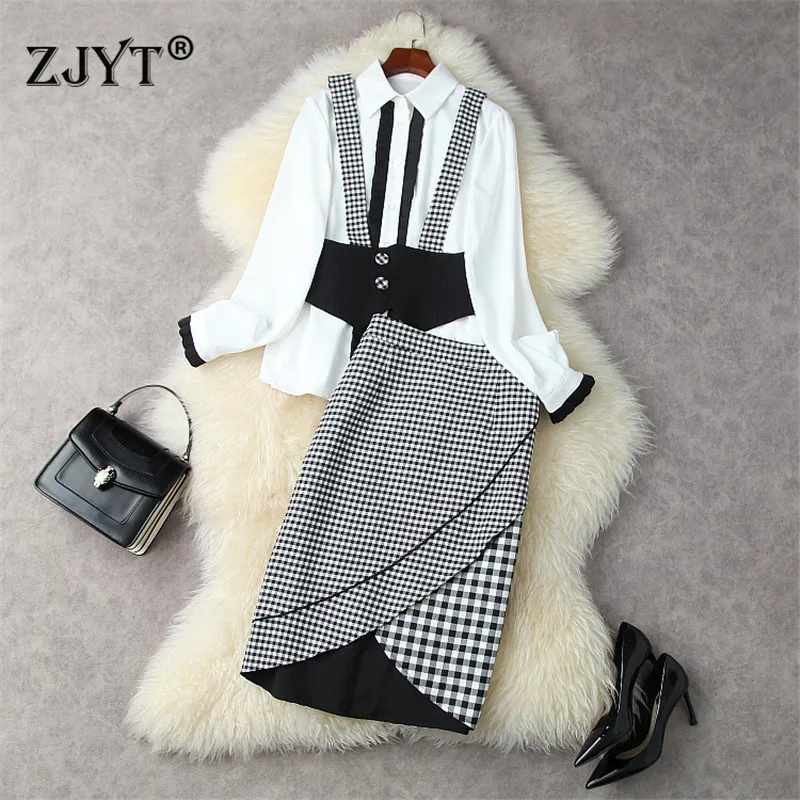 

Autumn Women's 3 Piece Clothes Sets Conjuntos De Vestido Office Lady Outfits Long Sleeve White Shirt Plaid Pencil Skirt Suits