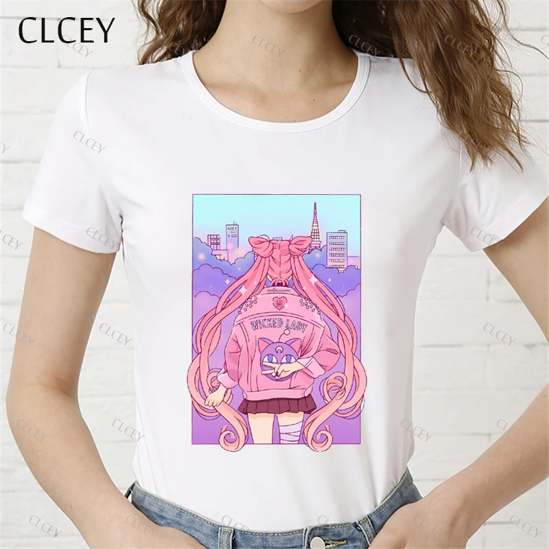 Летняя новая модная футболка Clcey с изображением Сейлор Мун женская в стиле