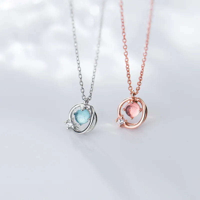 

100% 925 Sterling Silver Trendy Round Aurora Crystal Pendant Necklace Women Lady Daughter Party Banquet Jewelry Gift