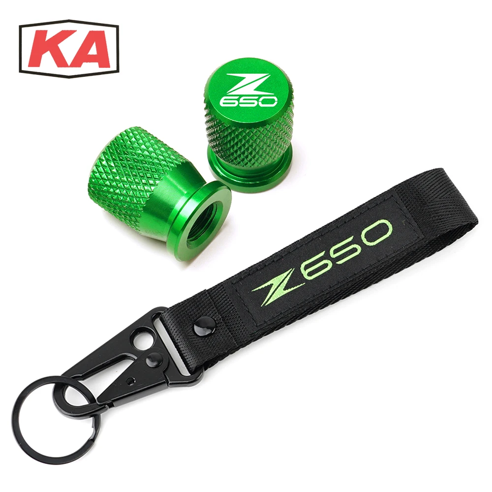 

For Kawasaki Z650 Z 650 All Year Embroidery Keychain Keyring + Aluminum Motorcycle Tire Valve Air Port Stem Cover Cap