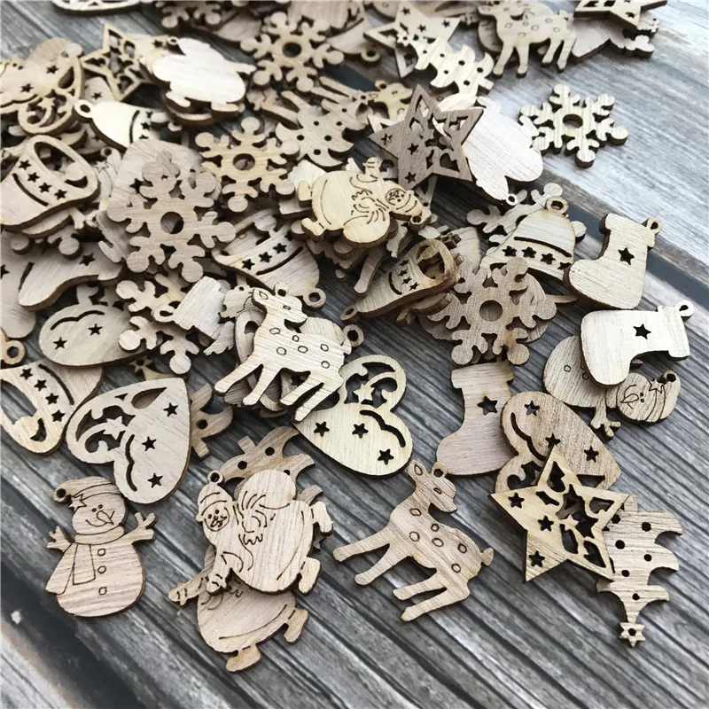 50/100 шт. DIY Плетеный абажур из натурального дерева чип Рождественская елка висячие украшения кулон подарки для детей Снеговик Форма Рождество украшения для дома