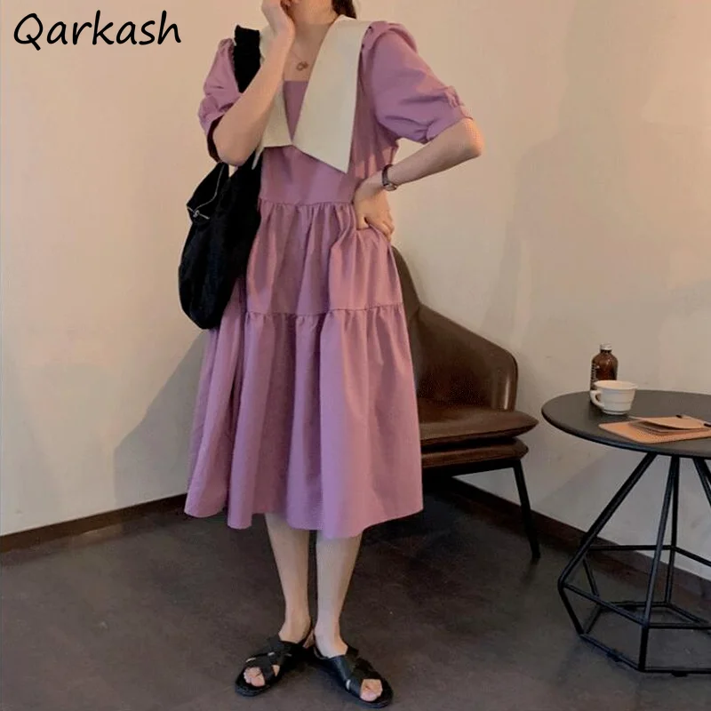

Short Sleeve Dress Women Sailor Collar Puff-sleeve Design Gentle A-line Midi Dresses Summer Elegant French Style Mujer Vestidos