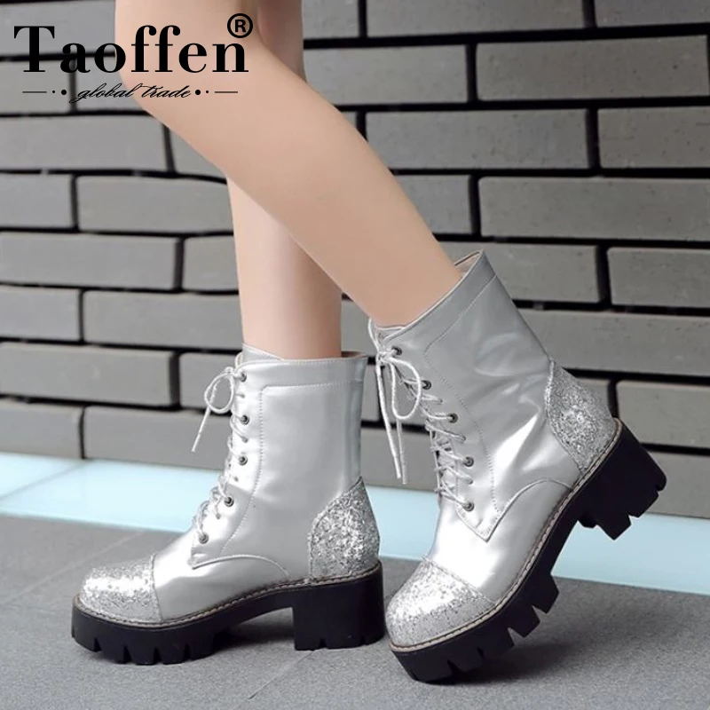 Женские короткие ботинки taofen черные мотоциклетные на толстой подошве размер 34 43