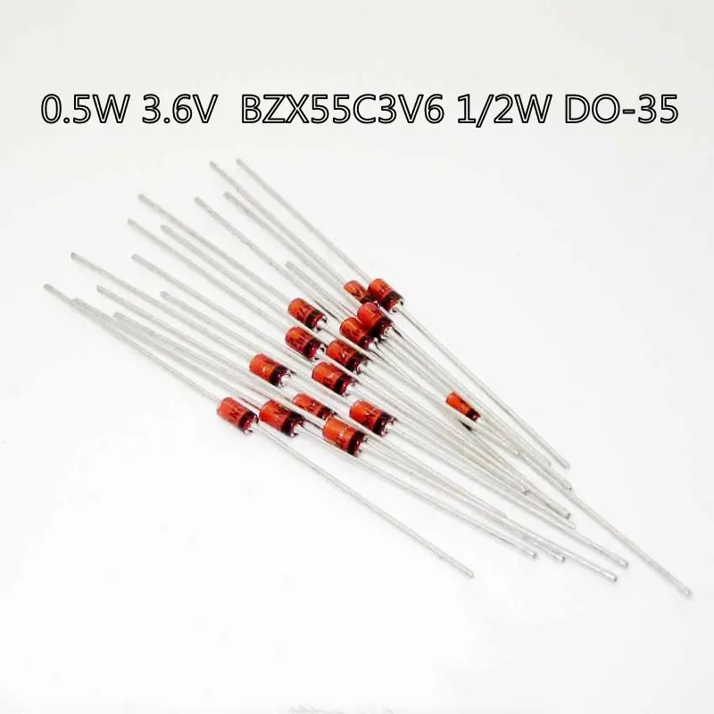 

100 шт. 0,5 Вт 3,6 В BZX55C3V6 1/2 Вт стабилитрон DO-35