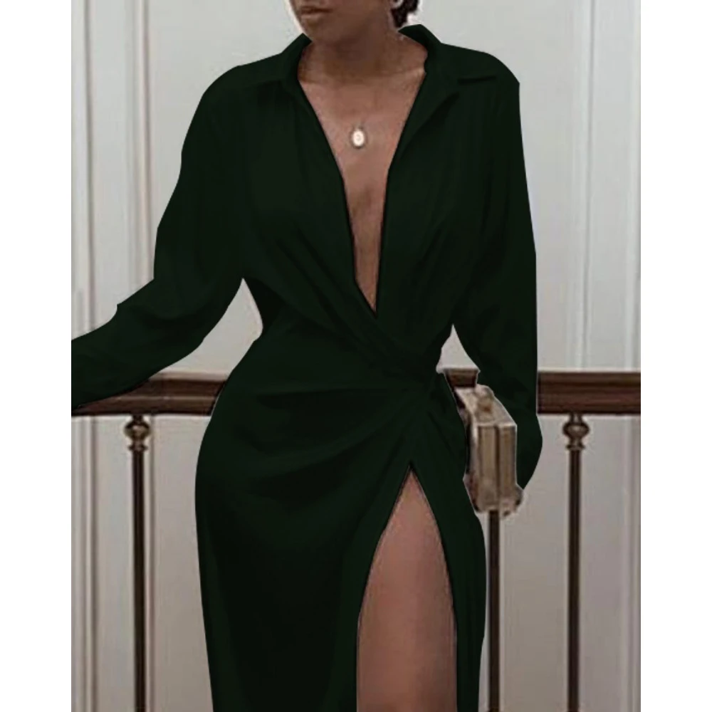 

Solid twisted design shirt dress Women long sleeve white summder dress 2019 High split maxi dresses vestidos de verano