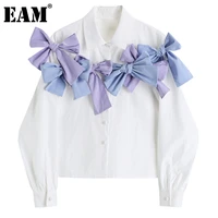 eam women white contrast color bow temperament blouse new lapel long sleeve loose fit shirt fashion spring autumn 2021 1dd5416