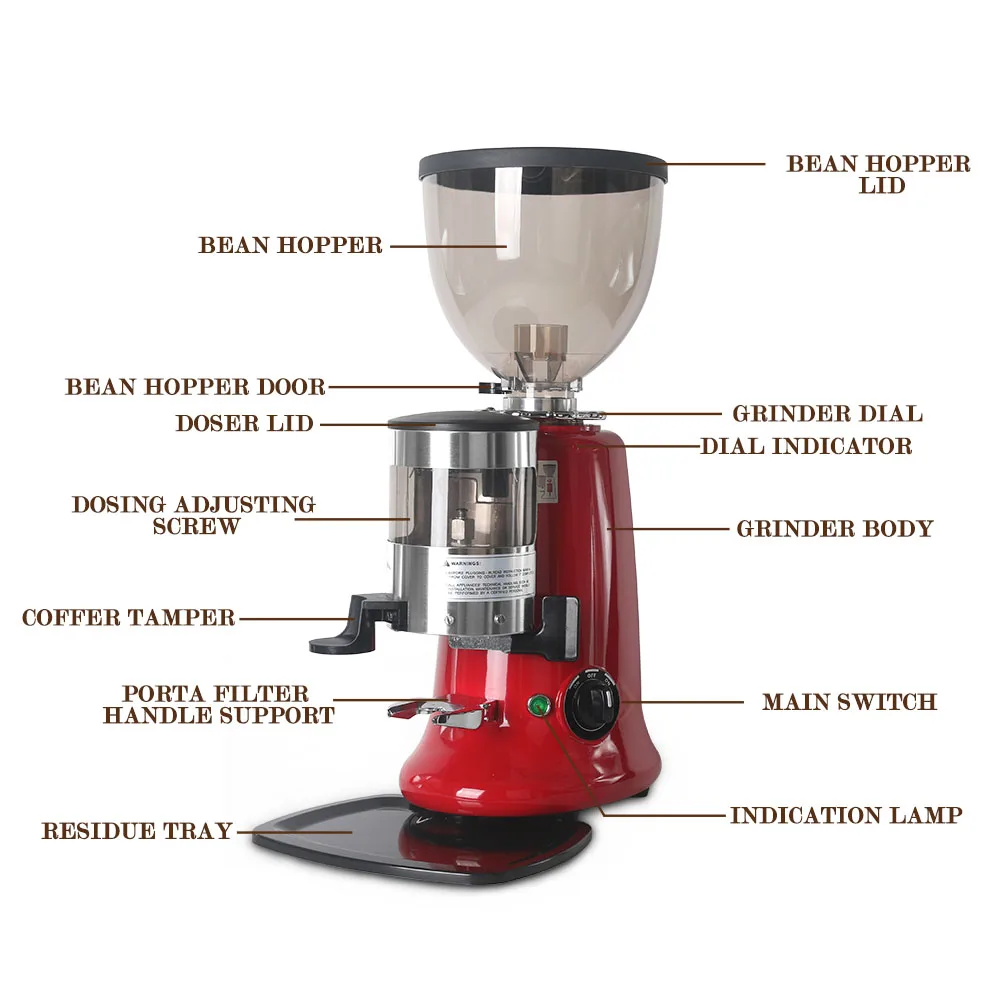 

Electric Coffee Grinder Adjustable Dial Burrs Grinders Coffee Maker Machine Commercial Professional Multifunction Red