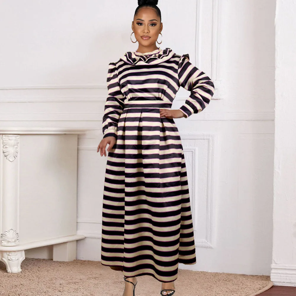 

Women's Dress Round Neck Long Sleeve Patchwork Ankle-Length Pullover High Waist Stripe Ladies Party Dress Fashion Spring Summer
