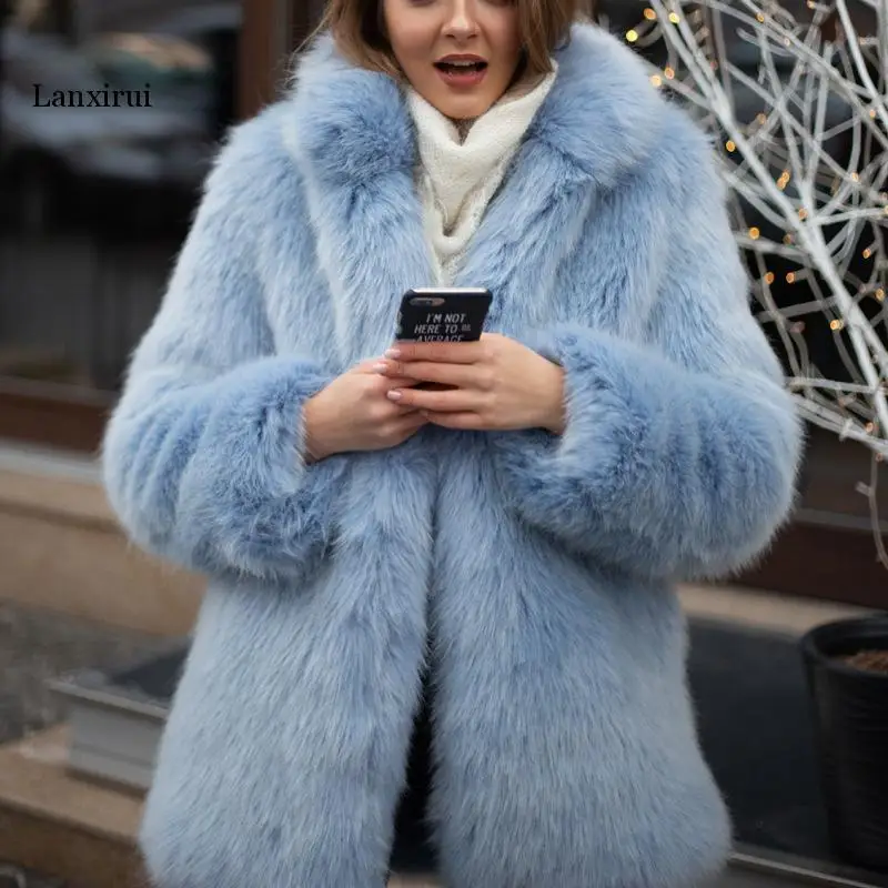 Lanxirui Autumn Winter Women's Fashion Faux Fur Coat Coats Furry Faux Fur Coat Fake Fox Fur Furry Coat Jacket Female Clothes