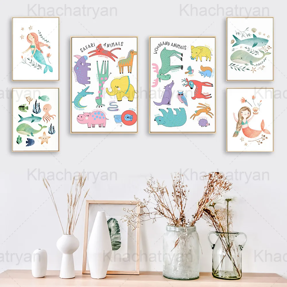 

Cartoon Animal World Home Decoration Poster Marine Creature Whale Children's Room Mermaid Canvas Painting Land Creature Prints