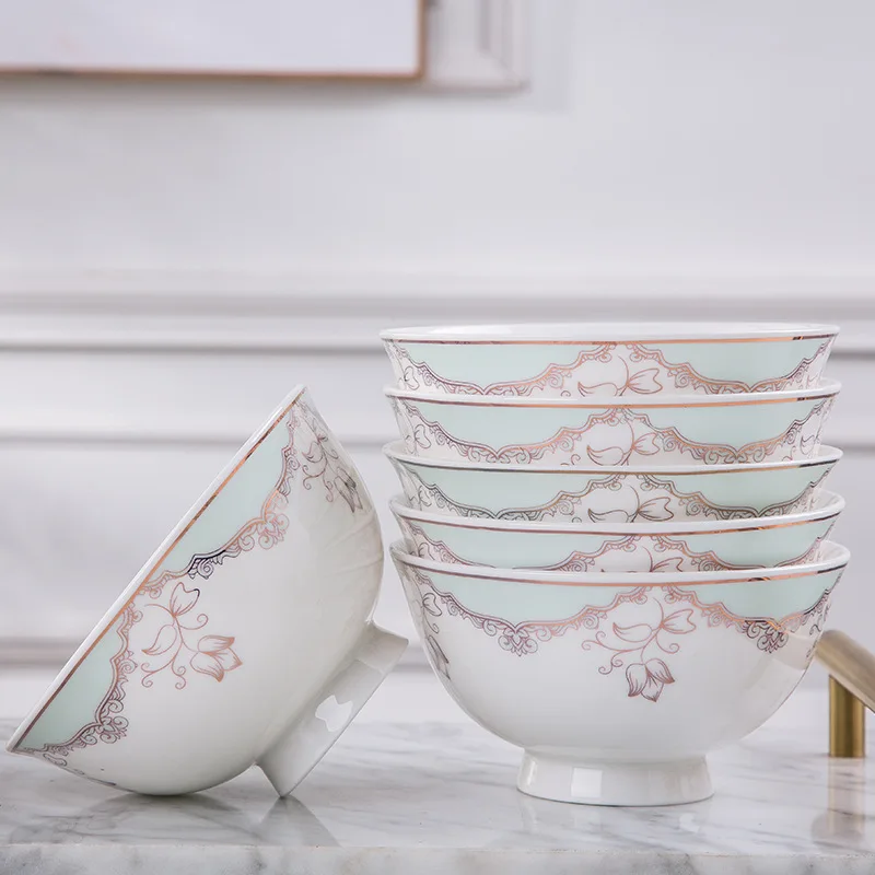 Chinese Round Applique Bowls and Dishes Jingdezhen Ceramic Tableware Bone China Rice Bowl Ramen Noodles Soup Serving