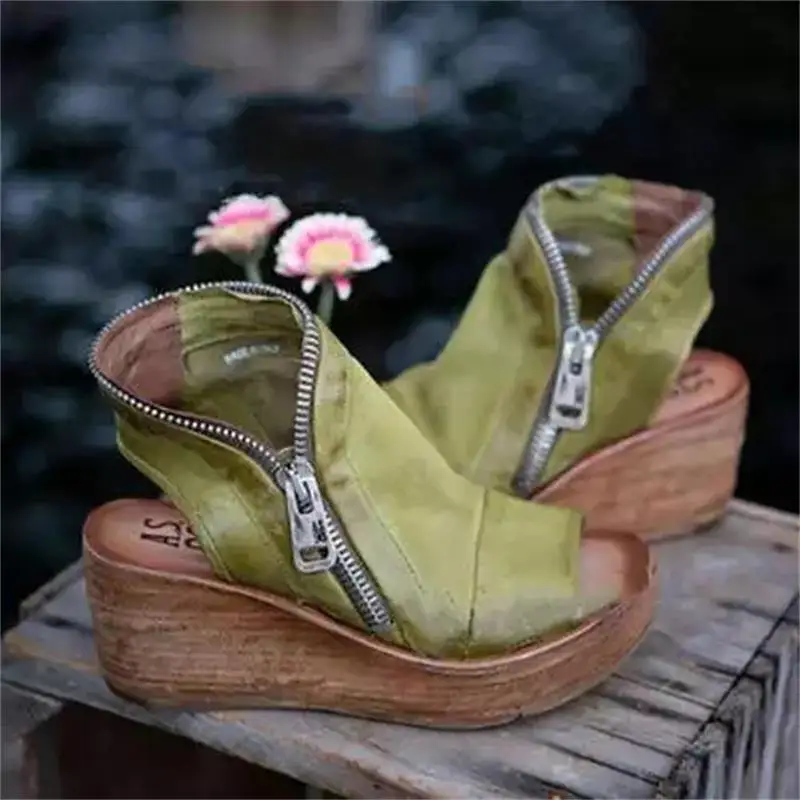 

2021 New Women's Shoes Fashion Trend Daily Solid Color PU Retro Zipper Open Toe Wedges Platform Comfortable Sandals 6KF141