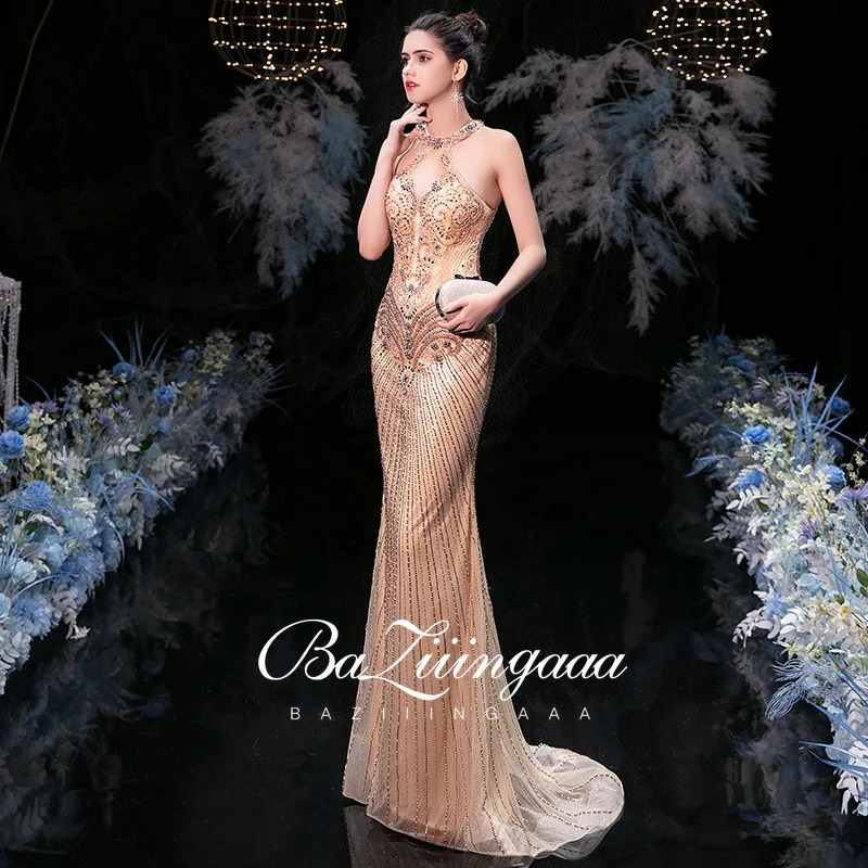 

BAZIIINGAAA Gold Beaded Luxury Evening Dress Halter Neck Gold Gown Mermaid Sleeveless Design Suitable for Formal Evening
