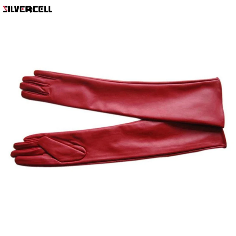 Women PU Faux Leather Elbow Gloves Winter Long Gloves Warm Lined Finger Gloves M-XL
