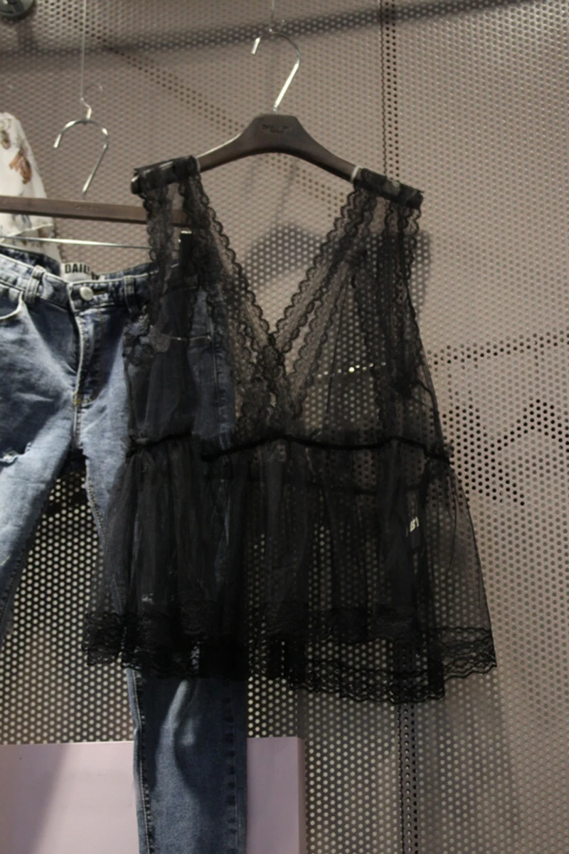 Сексуальная прозрачная сетчатая рубашка без рукавов с v-образным вырезом |