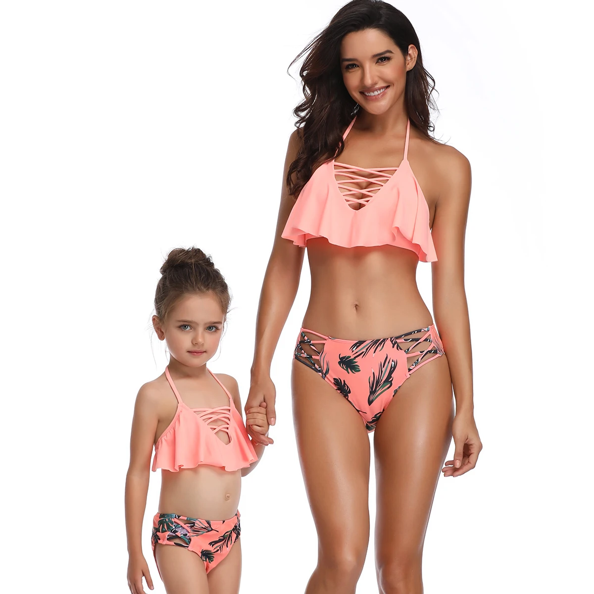 

Parent-child Swimsuit Flying Edge Off Shoulder Bandage Brazilian Bikini Plus Size Swimwear Two Piece Swimsuit Women