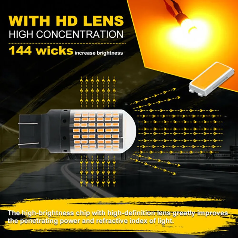 

2x Turn Signal Light 7443 7440 T20 Amber Car Decoration LED CANBUS 144SMD