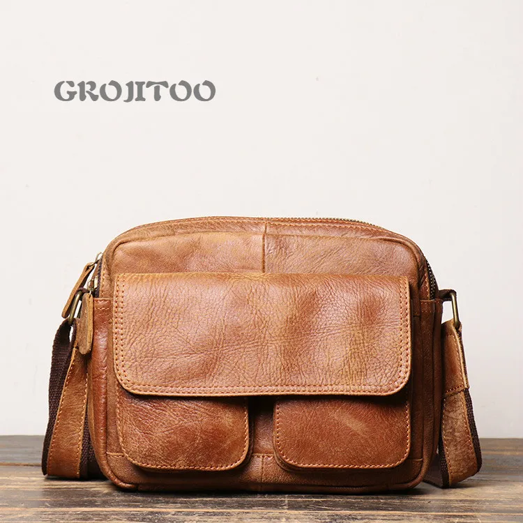 GROJITOO new men's leather one shoulder iPad bag genuine Leather Messenger Bag fashionable and versatile small square bag