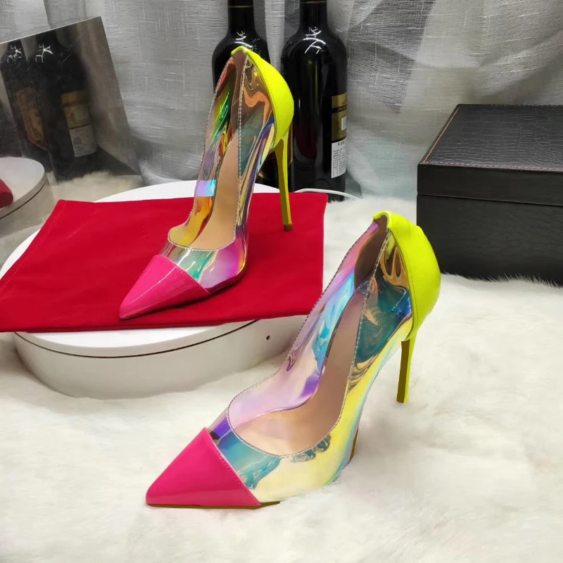 Size 34-45 Mirror PVC Patent Patchwork Genuine Leather Inside Shiny Women High Heels Sexy Dress Party Shoes