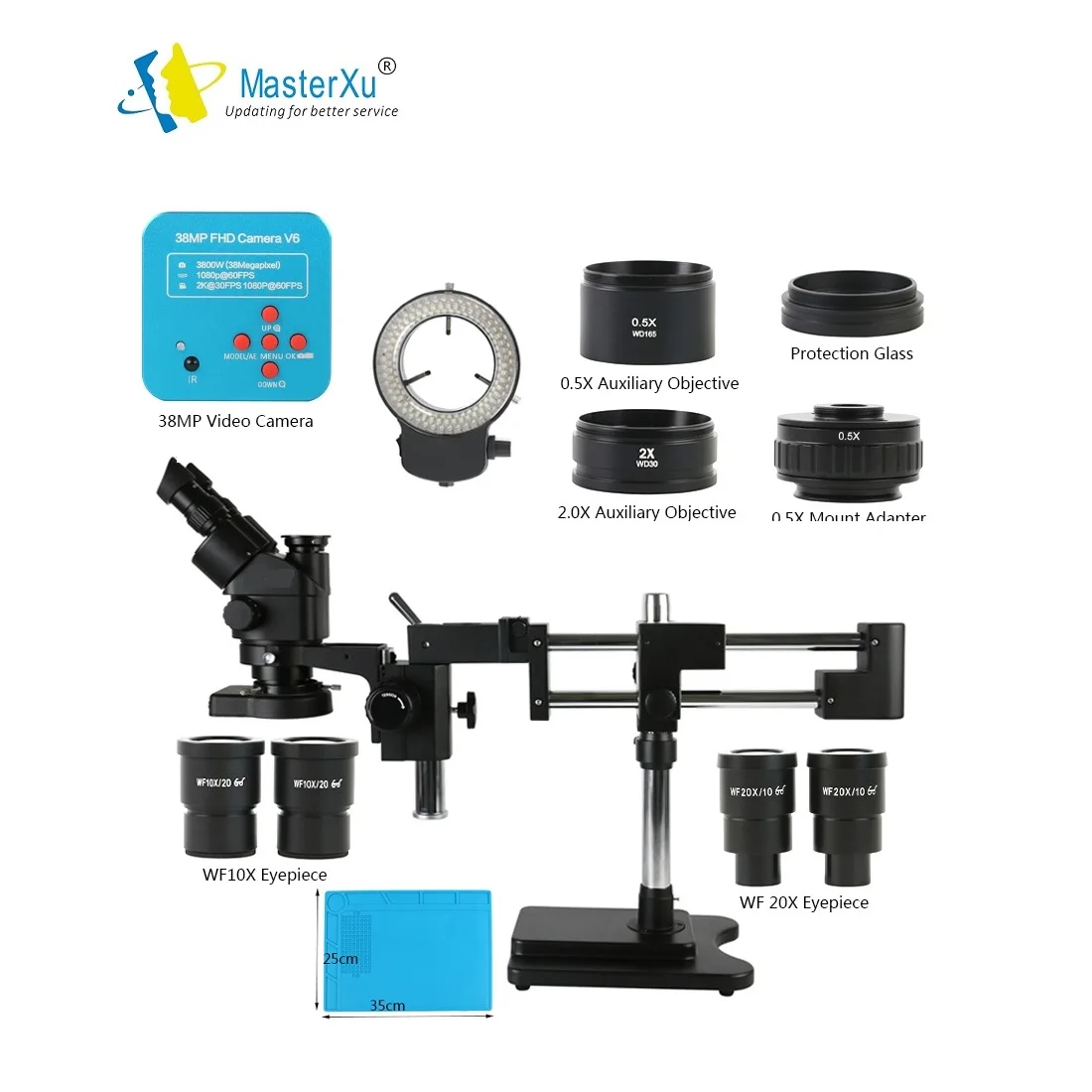 

MaterXu 3.5X 90X 180X Zoom Simul-Focal Dual Arm Stereo Trinocular Microscope 38MP 2K HDMI USB Camera 144 LED Light Ring