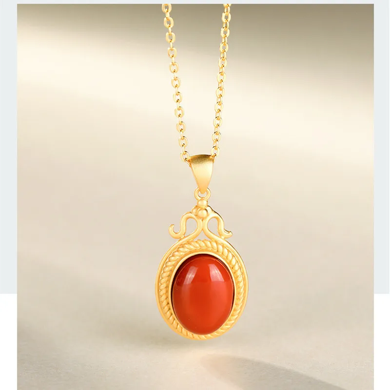 

2021 New S925 Sterling Silver Gold-Plated Inlaid Natural Southern Red Agate Retro Personality Ladies Pendant Clavicle Chain