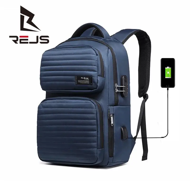 REJS New 2022 Men Bag Laptop Backpack Anti-Theft Usb Charging Fashion Design Trendy High Quality Thread Big Bags Mochila Hombre