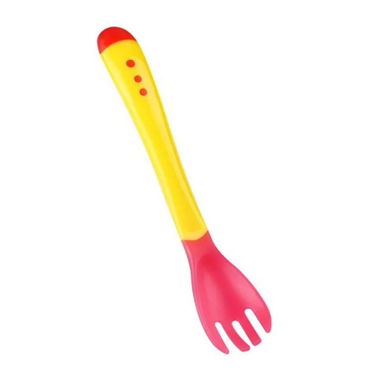 yellow fork Ложка с датчиком температуры для безопасности ребенка, ложки для кормления, вилки для детей, для мальчиков и девочек, столовые приборы для малышей - Цвет: yellow fork