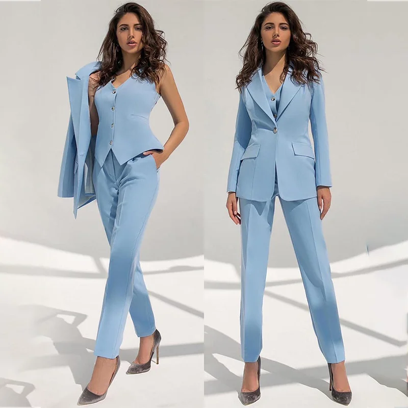 

Fashion Light Blue Women Suits Prom Dresses Three Pieces Ladies Blazer Plus Size Office Tuxedos Formal Work Wear For Evening