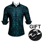 Высококачественные синие бирюзовые осенние мужские шелковые рубашки с цветочным узором, мужские повседневные атласные шелковые рубашки с квадратным воротником и длинными рукавами, CC-005