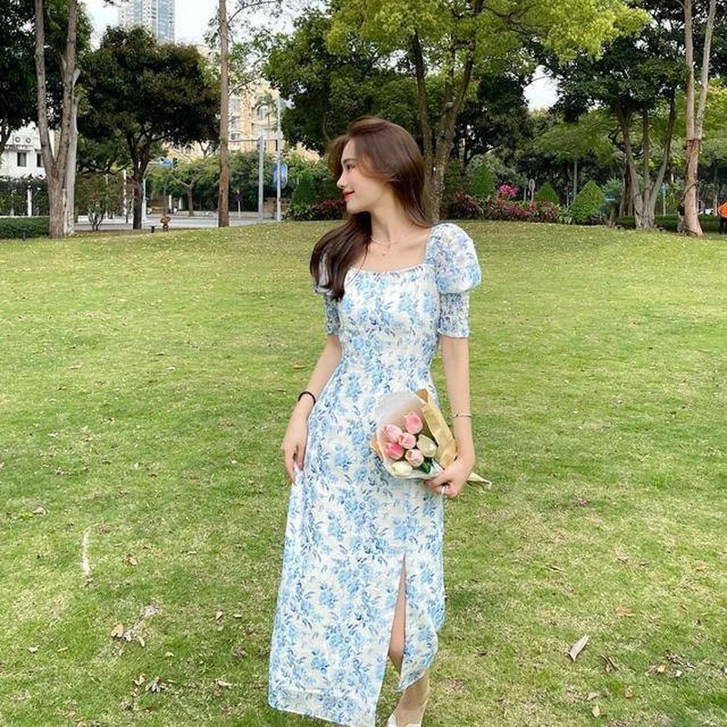 

French Vintage Floral Dress Women Designer Elegant Split Party Midi Dress Female Casual Kawaii Korean Fairy Dress Summer 2021