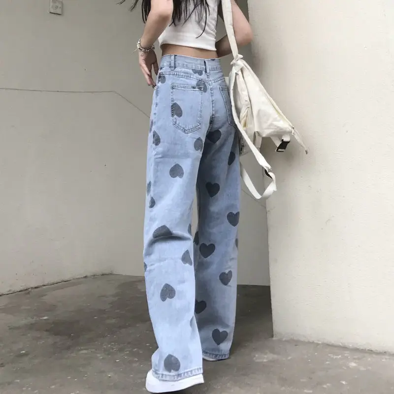 

Plus Size Jeans Women Printing Love Cool Girls Design Casual All-match Pockets High Waist Straight Fashion Ulzzang Chic Trouser