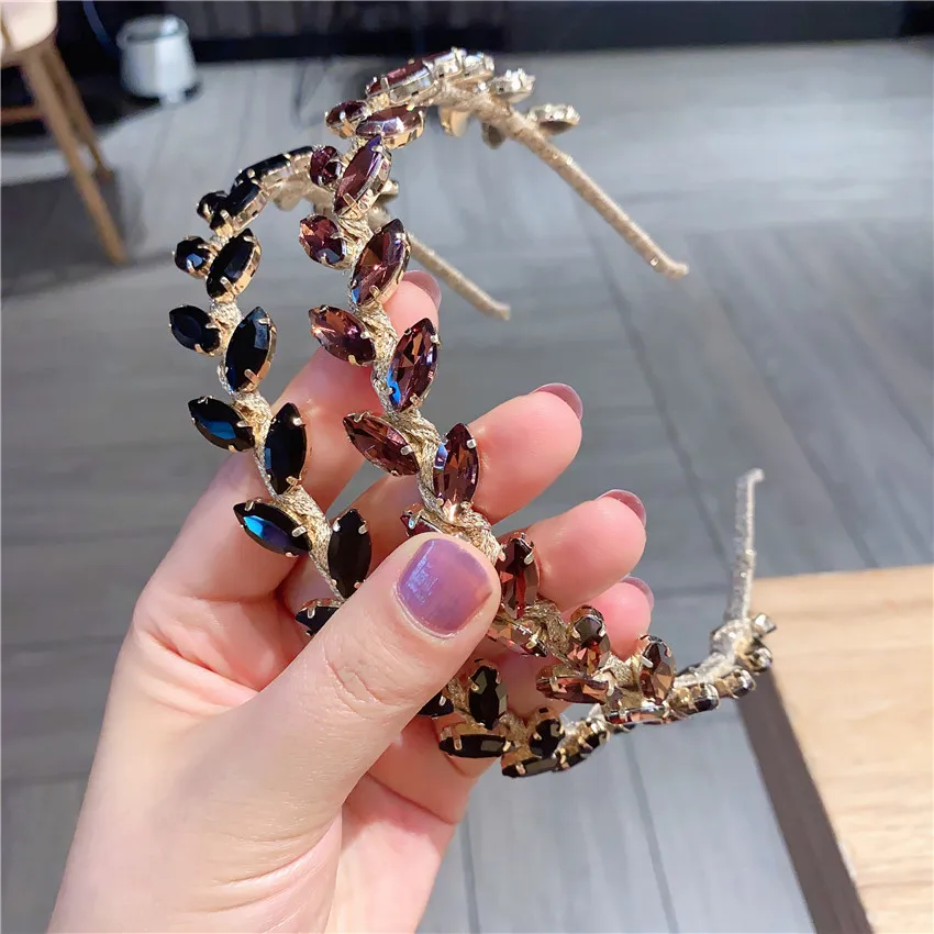 

Women Hair Accessories Metal Hairbands Handmade Rhinestone Leaves Headbands Baroque Style Bezel Chic Headwear Dropshipping