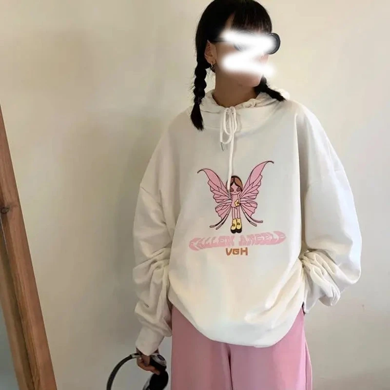 

Autumn/Winter Kawaii Ladies Hoodie Butterfly Print Streetwear Hooded Sweatshirt Ladies Korean Plus Size Harajuku Pullover