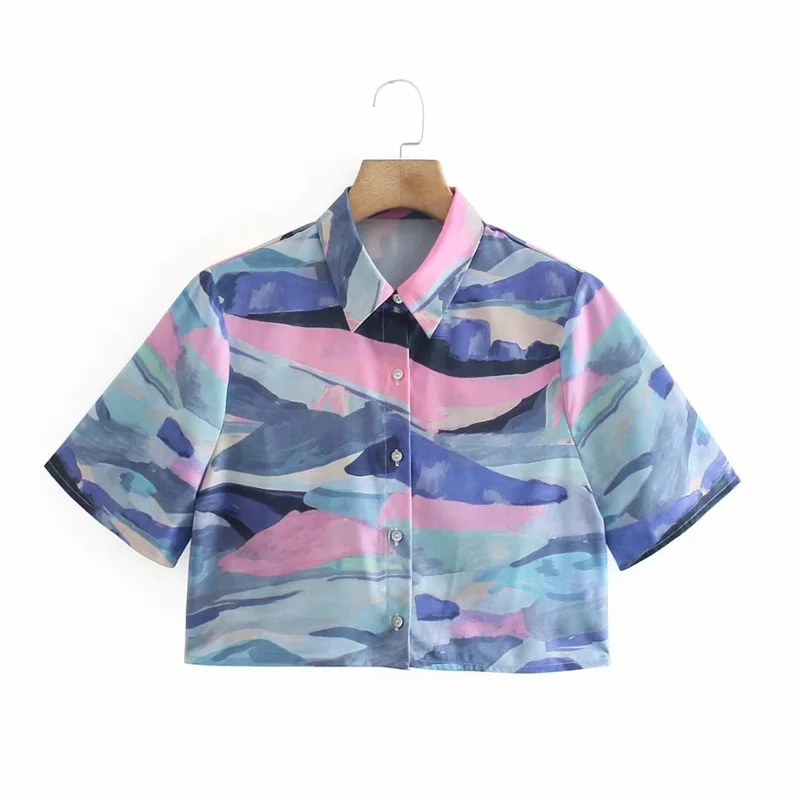 

PUWD Casual Woman Blue Tie-dye Cropped Shirts 2021 Fashion Female Streetwear Short Sleeve Button Shirt Girls Print Short Tops